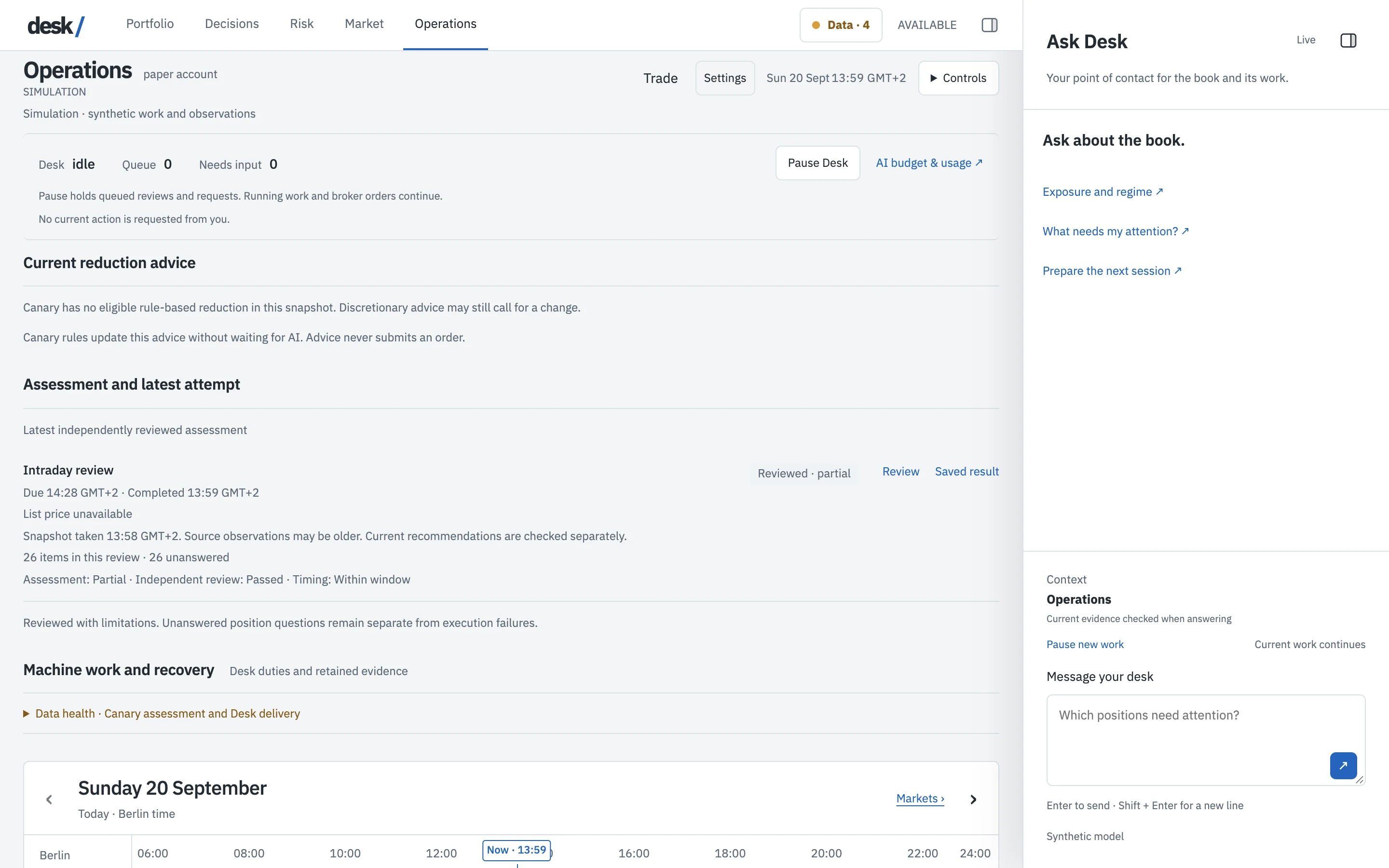 The Operations view: pause and budget controls, reduction advice, and a day timeline with calendar, Desk agenda and agent work