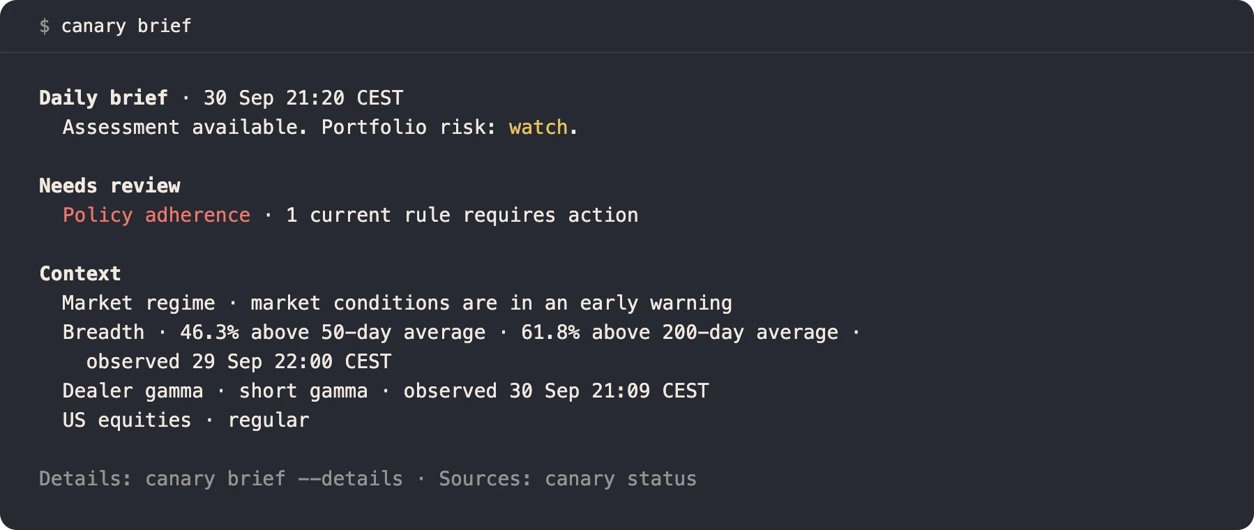 Output of canary brief on a synthetic account: market state, portfolio summary and what needs attention