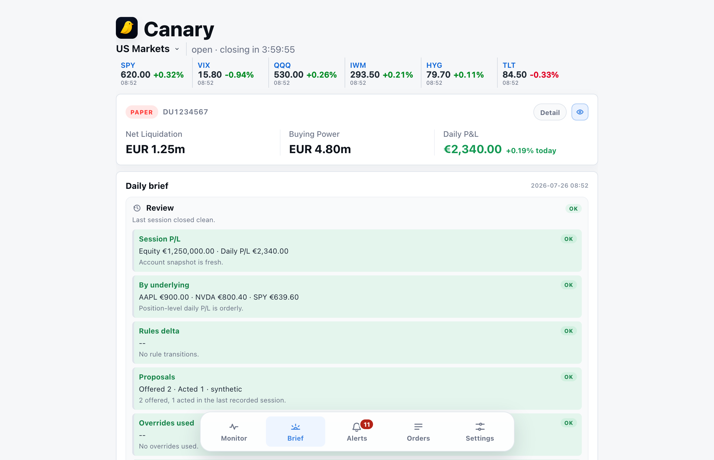 Synthetic Canary wide Brief tab showing Review and Ready