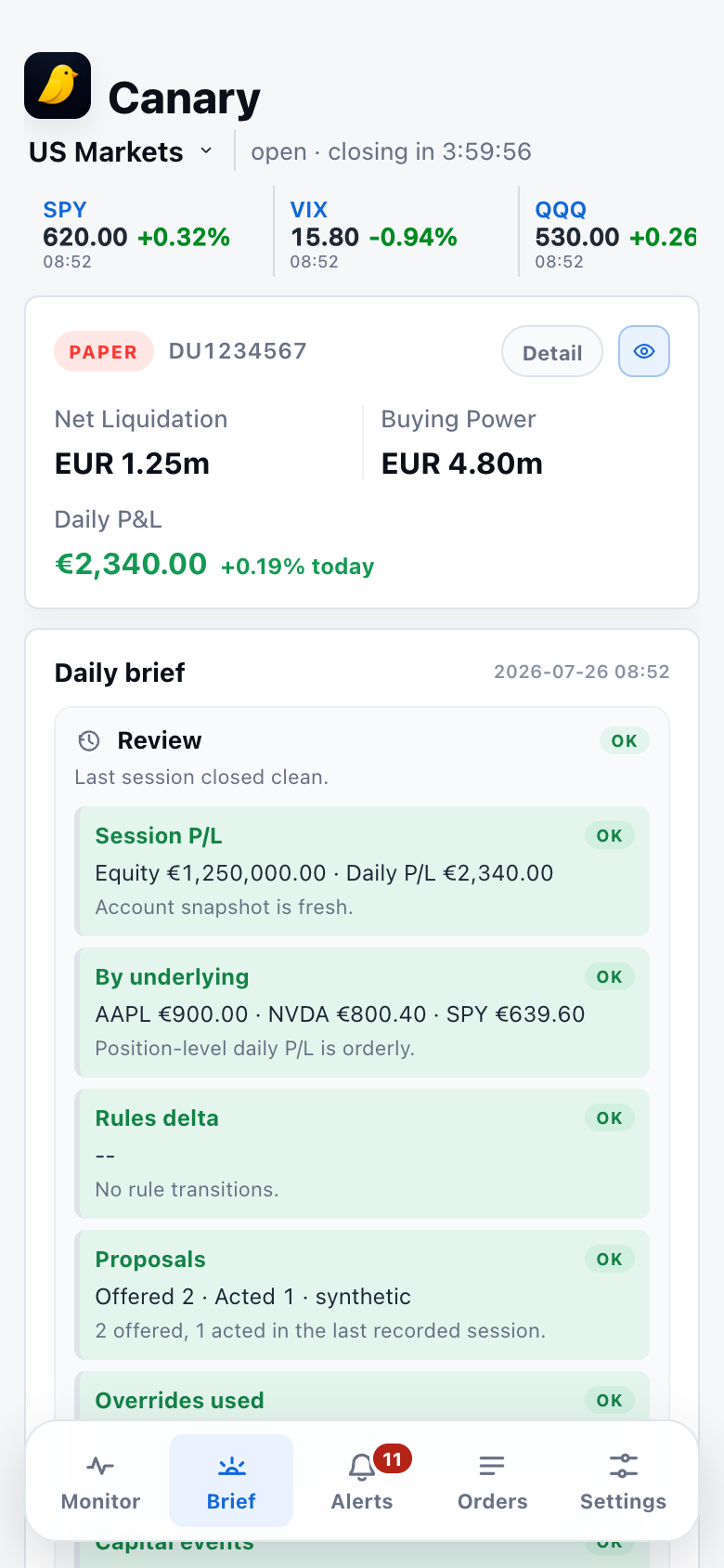 Synthetic Canary mobile app Daily brief tab