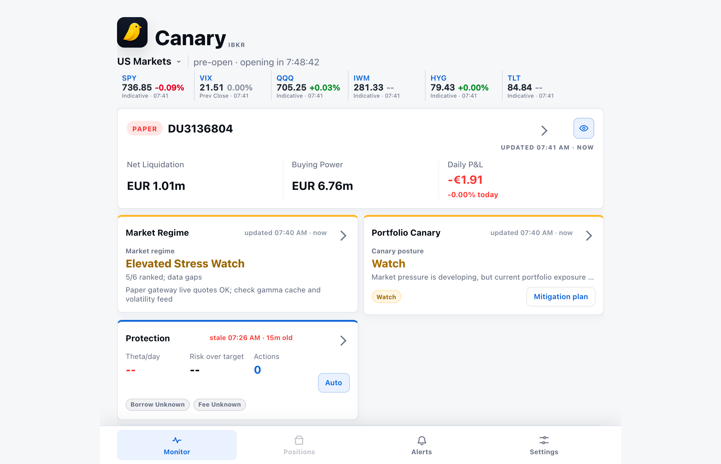 Canary app wide viewport showing account, market regime, portfolio canary, and protection panels