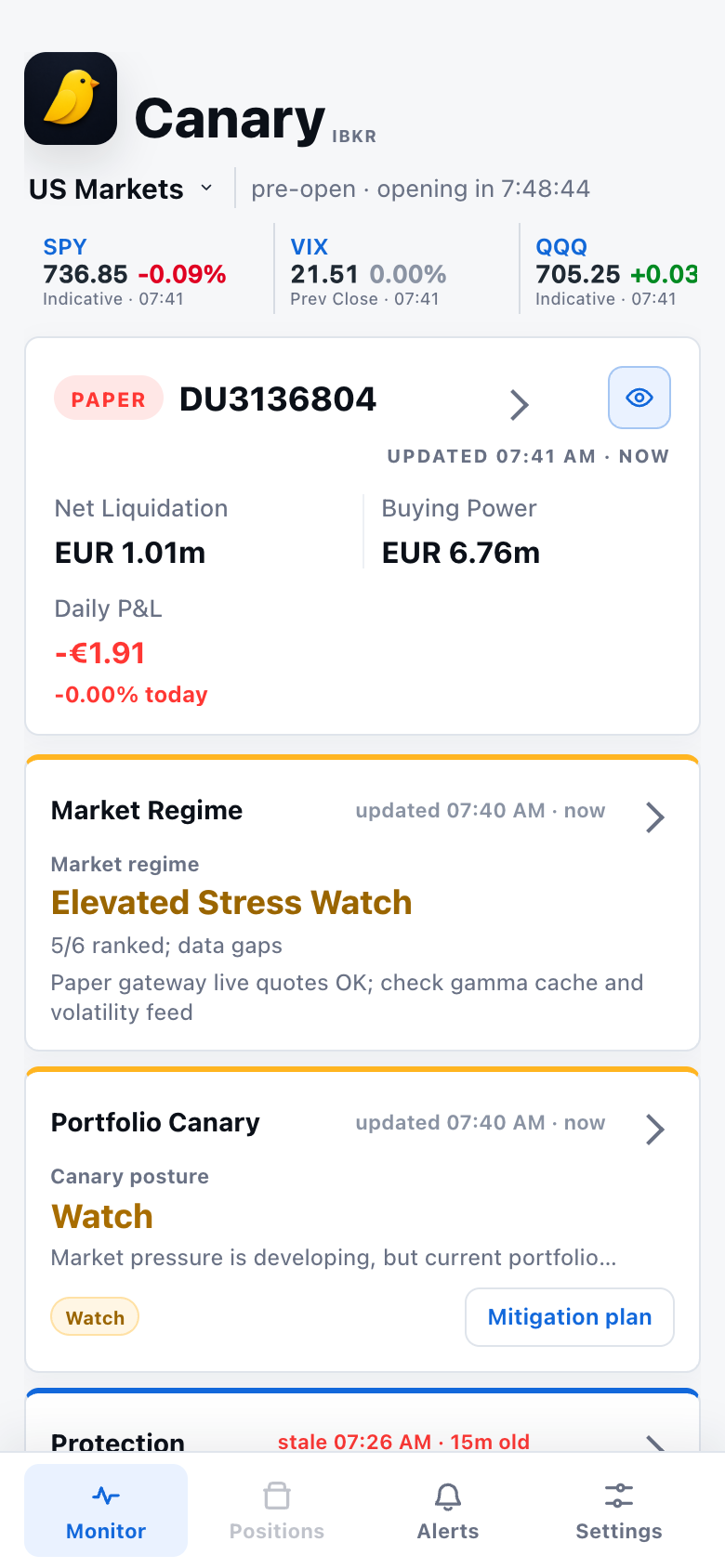 Canary mobile app monitor screen showing market regime and portfolio canary cards
