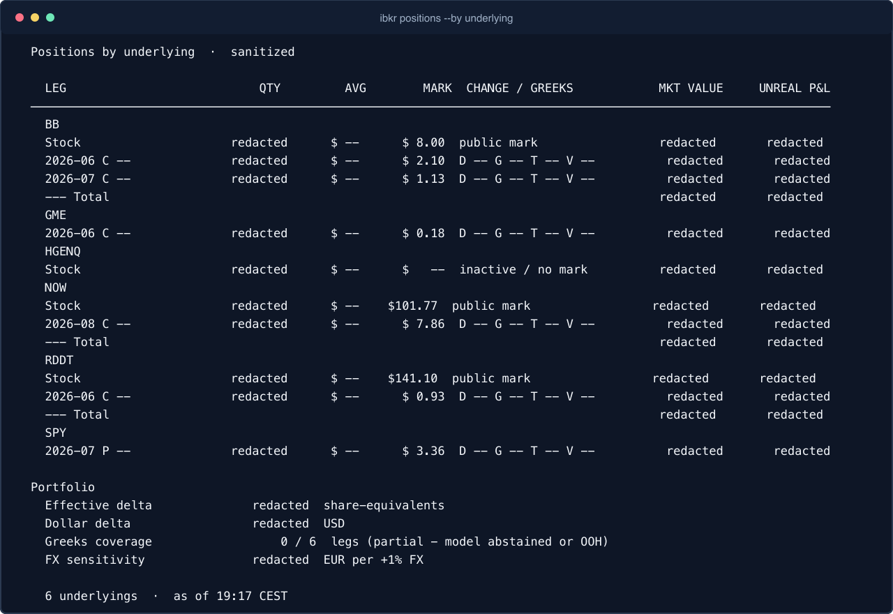 sanitized ibkr positions by underlying terminal output